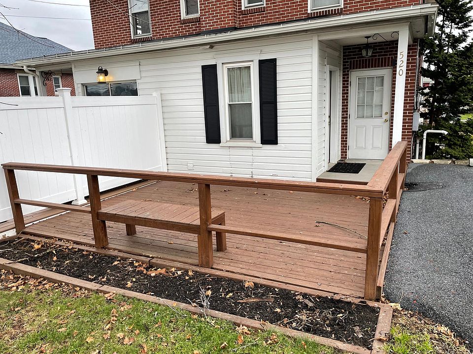 Deck. Now includes picnic table to use. Entrance.