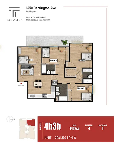 Floor plan 4 Bed 3 Bath - 1432 sqft