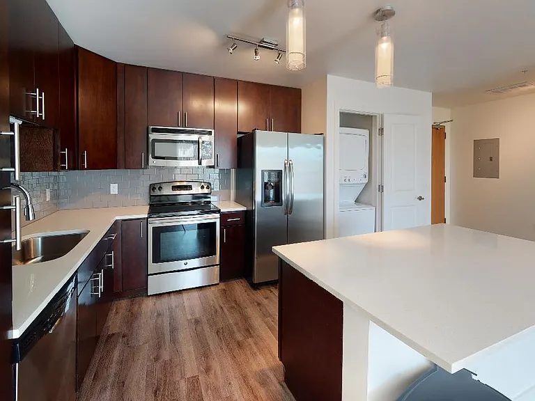 Apartment kitchen with stainless steel appliances, quartz countertops and wood-style flooring.