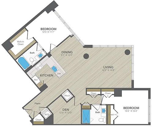 Floor plan 2 Bed 2 Bath Med with Den