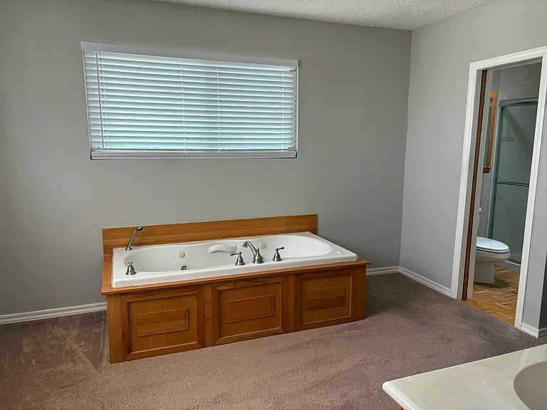 Primary bath: oak-wrapped jacuzzi bathtub