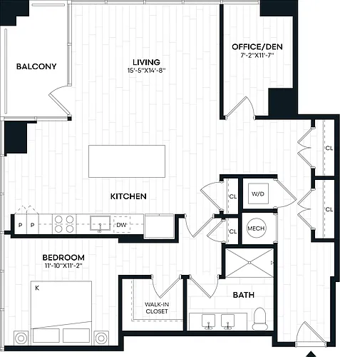 Floor plan 1 Bed/1 Bath Den-1R
