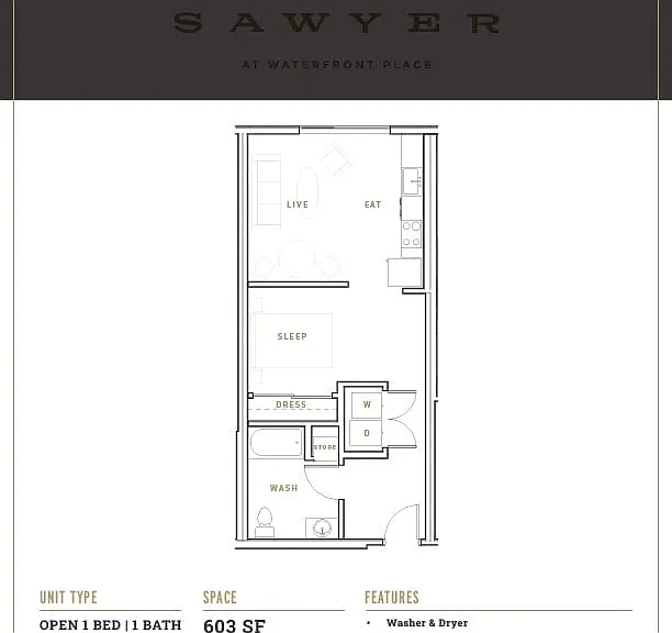 Explore The Sawyer's efficient 1-bed, 1-bath design at Waterfront Place. Explore The Sawyer's efficient 1-bed, 1-bath design at Waterfront Place.