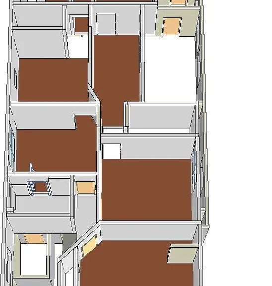 3d view of the second level. The available apartment, on the top left, the 1 bedroom suite with bathroom, below the studio room with kitchen no bathroom. Available as add on for $400/ month upcharge.