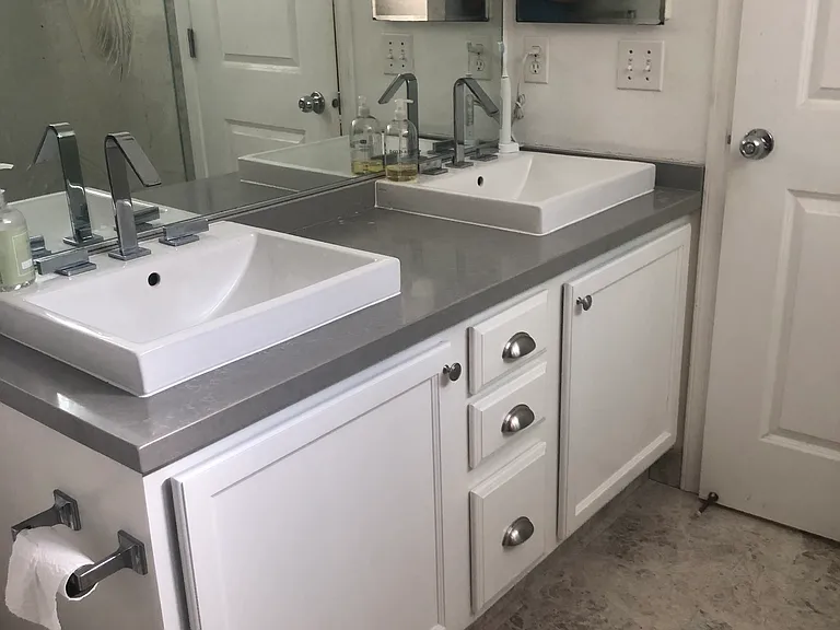 Master bathroom. Dual sinks and cabinet space