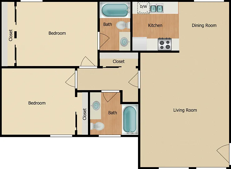 2 Bed 2 Bath Floorplan Diagram