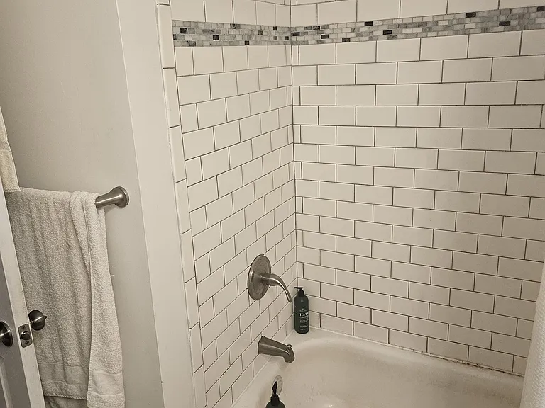 Downstairs bathroom tub and tiled shower