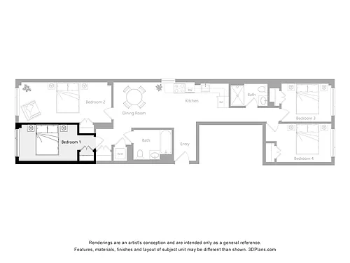 Floor plan Furnished Room in a 4 Bedroom 2 Bathroom (H1)