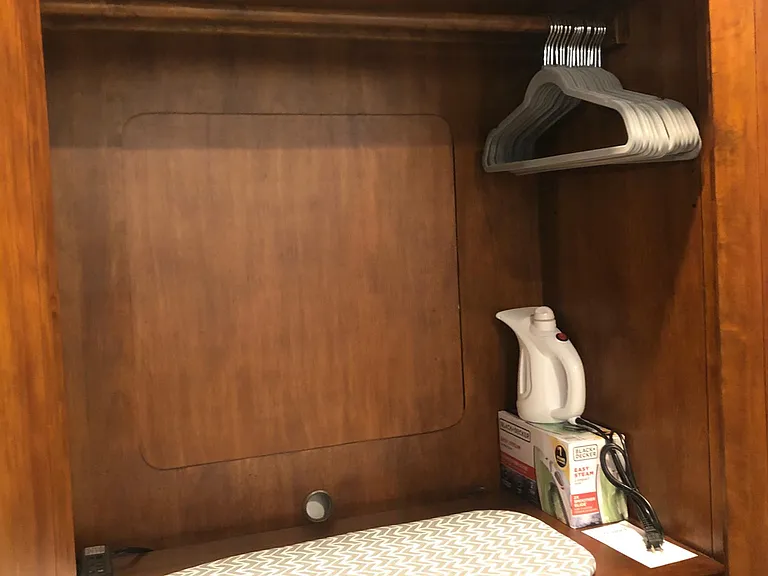 Armoire with steamer, iron, ironing board, and no-slip hangers.