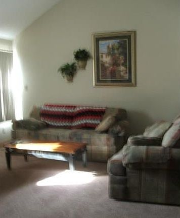 Living room has vaulted ceilings