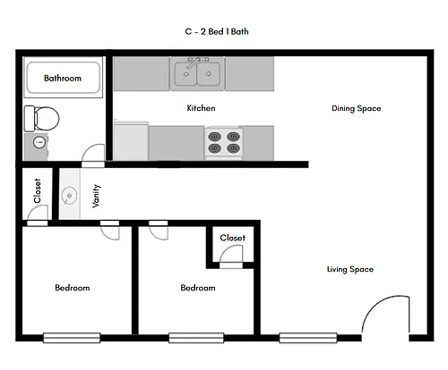 Floor plan 2 Bedroom 1 Bath ACE