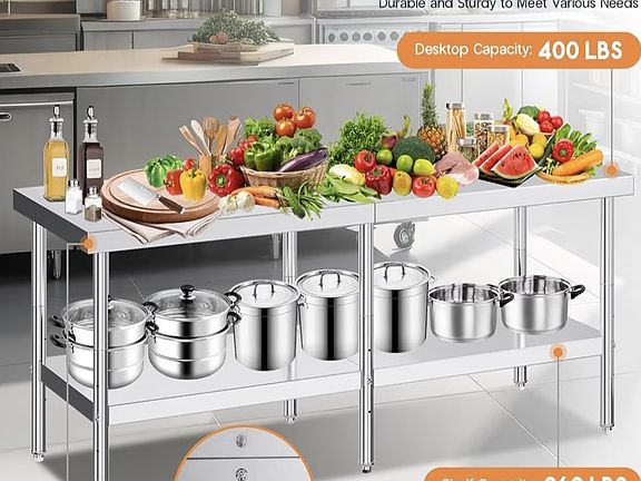 30x82 stainless steel island /prep table coming soon.