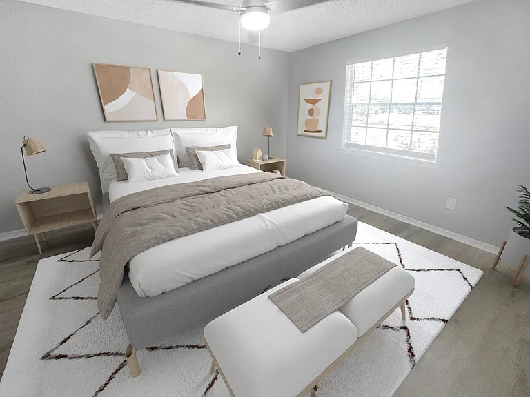 Bedroom with wood style flooring and ceiling fan