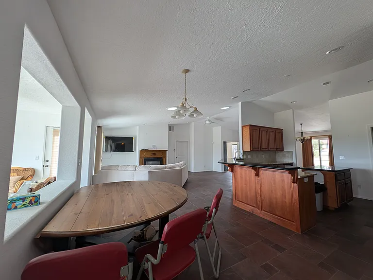 Kitchen, dining area, fireplace area