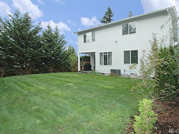 Fully fenced backyard with fruit trees and privacy trees.