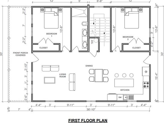 Bedrooms are 12x13.8, living room and kitchen combo runs the length of the house.