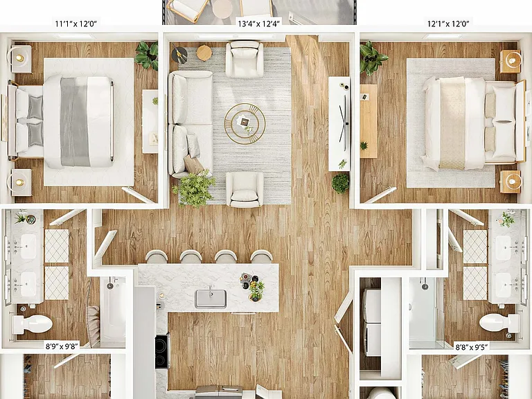 Explore this elegant urban apartment layout featuring open-concept living and stylish design. Explore this elegant urban apartment layout featuring open-concept living and stylish design.