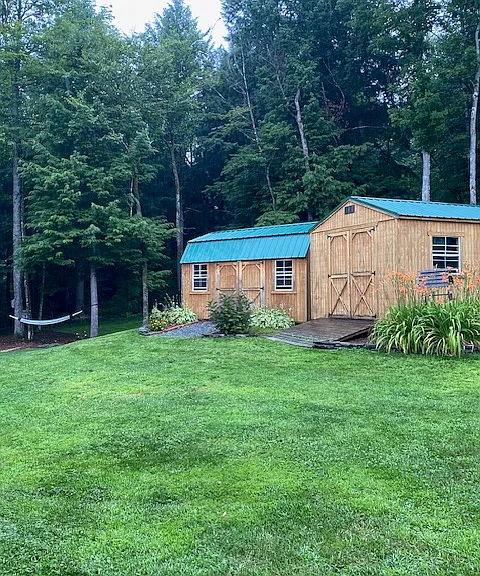 Photo of back yard area showing the two sheds.