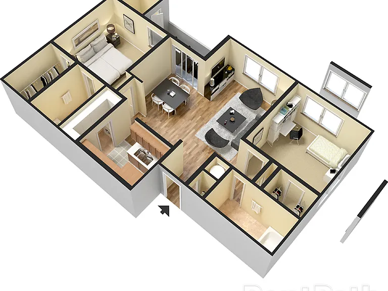 Modern 3D floor plan showcasing 3 bedrooms, inviting open-concept living and dining areas, and a sleek kitchen, perfect for comfortable living. Modern 3D floor plan showcasing 3 bedrooms, inviting open-concept living and dining areas, and a sleek kitchen,
