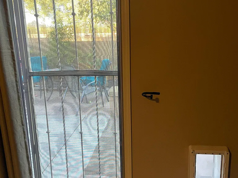 Small dog door from living room to walled in secure backyard