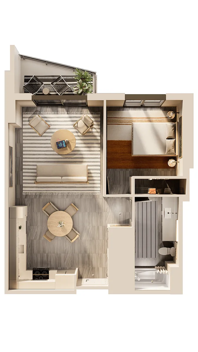 Floor plan East 1 BR Balcony North View
