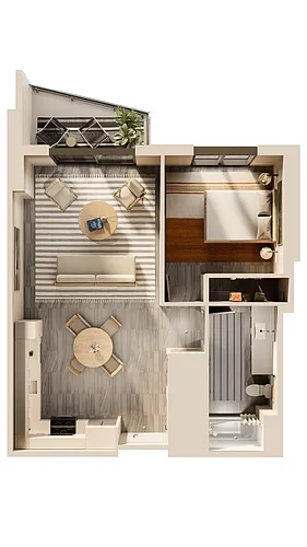 Floor plan East 1 BR Balcony North View