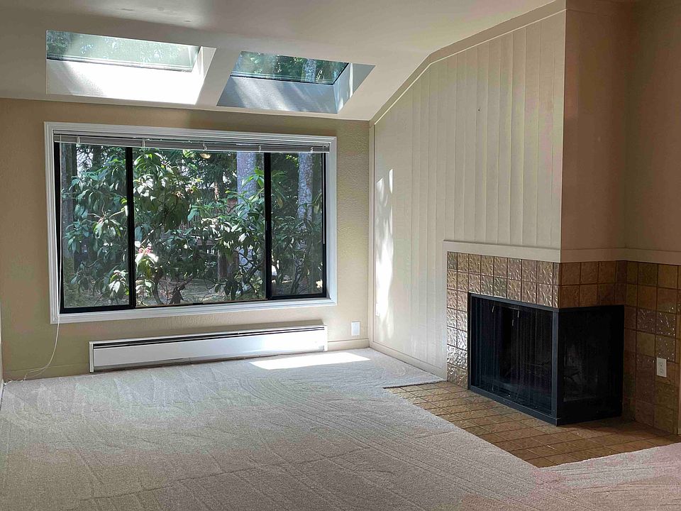 Living room w/ skylights and wood burning fireplace