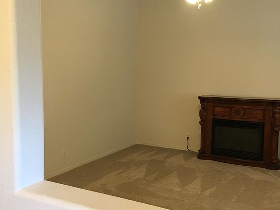 Living room w ceiling lamp, carpeted, electric cherry wood fireplace.