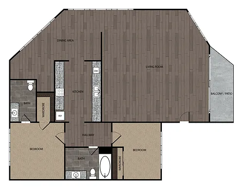 Floor plan 2 Bed, 2 Bath, 1000 sf, (7)