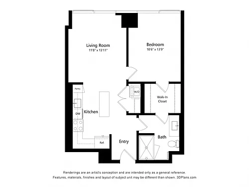 Floor plan 1 Bedroom 1 Bath (A04)