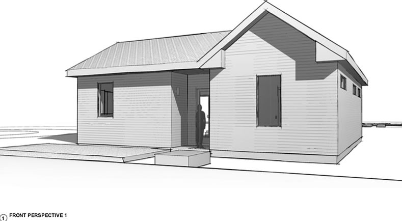 White siding, black roof