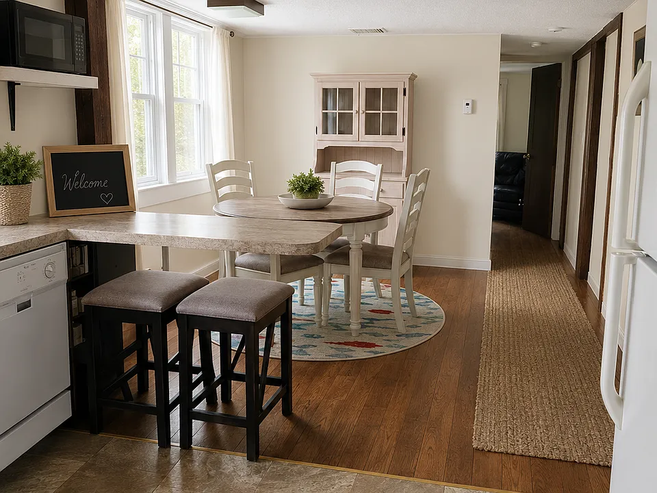 The wide open kitchen/dining area includes all new stainless appliances - dishwasher, electric stove, microwave, and refrigerator. Stools included for island/breakfast bar. (AI Generated for Scale.)
