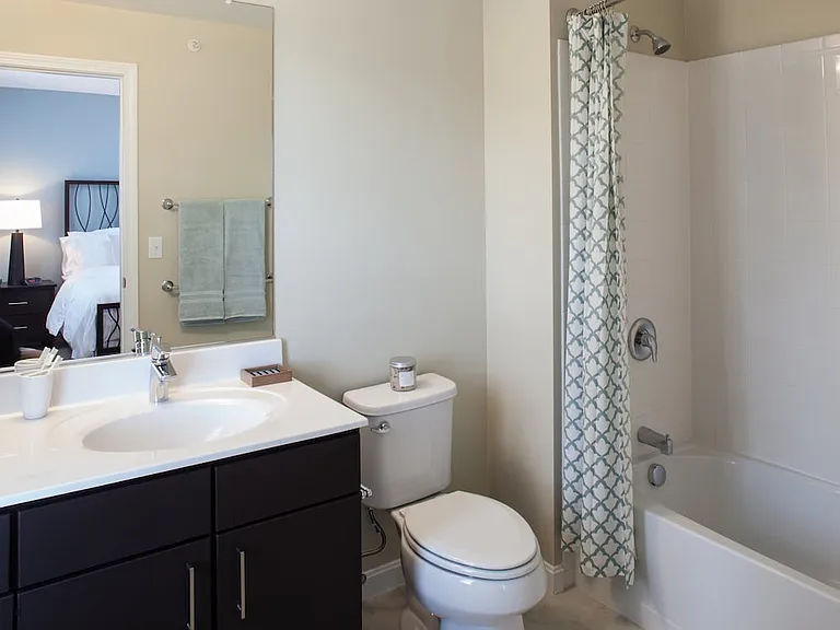 Renovated Package I bath with white porcelain countertops, dark cabinetry, and hard surface flooring