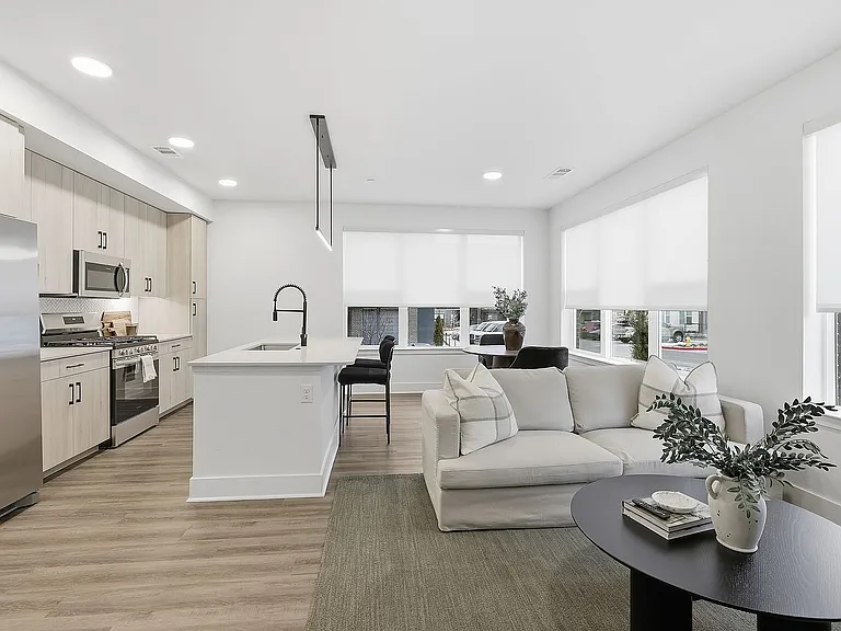 Open-concept living space with a modern kitchen and cozy seating area