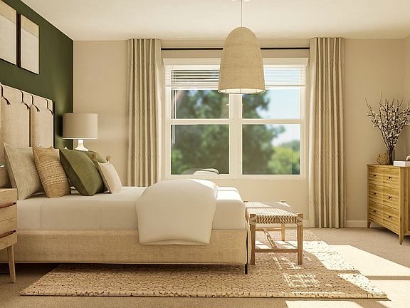 Rendering of a master bedroom with large windows.