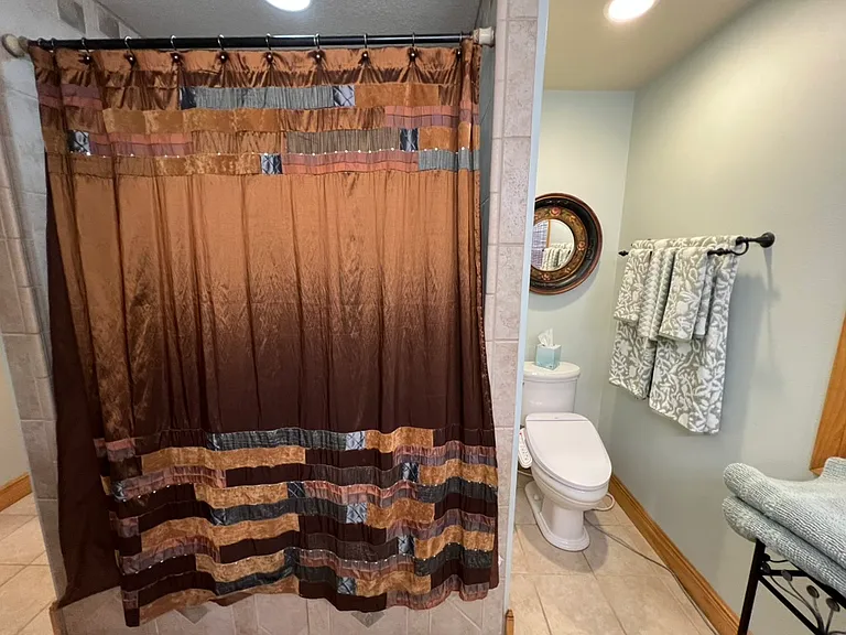 Luxury, cloth, double shower curtain. Bidet toilet on right. Recessed lighting.