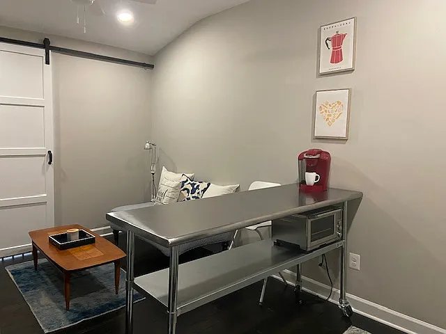 6 foot restaurant grade stainless steel counter for easy meal prep and clean up.