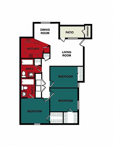 Floor plan 3 Bed 2 Bath - Ashbury (1098 sq ft)