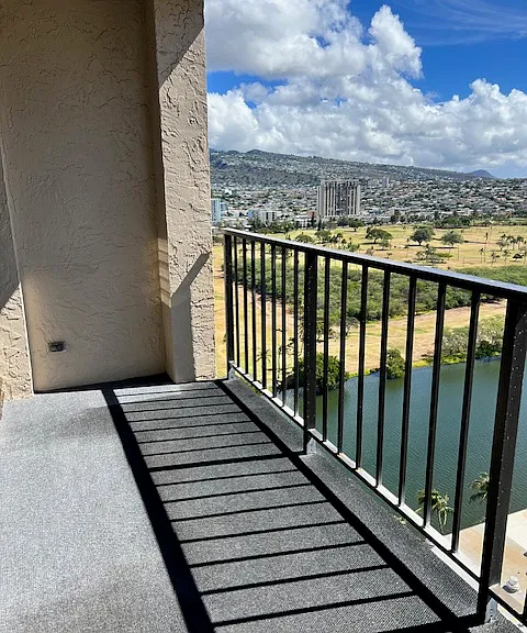 Mountain view from balcony -- Ala Wai Canal & Ala Wai Golf Course.