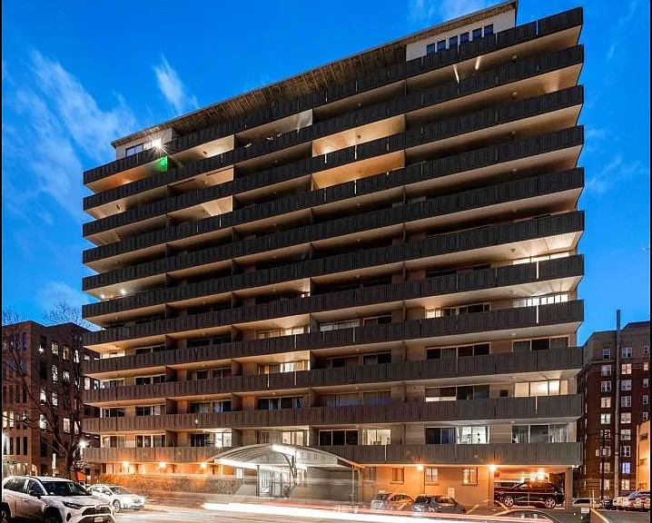 Well-lit building with secure entrance and off-street parking.
