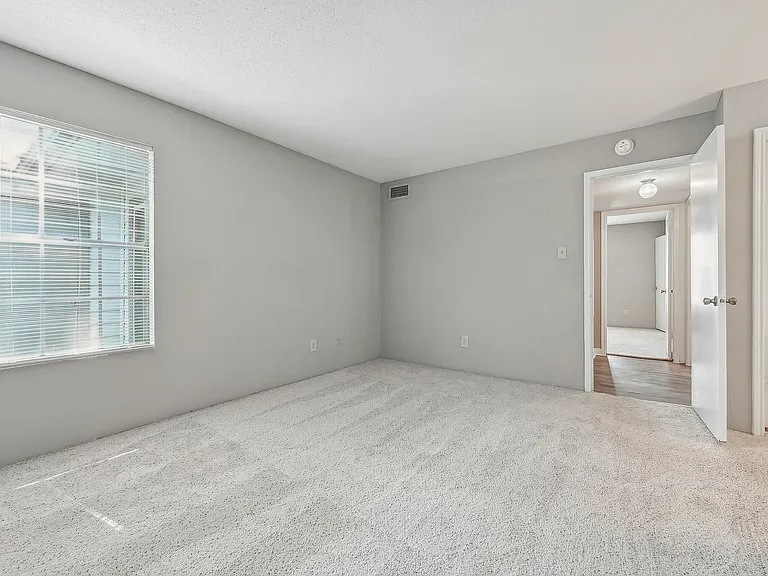 Bedroom with soft carpeting and large window at Driscoll Place Apartments.