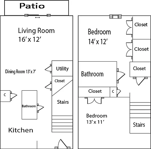 Floor plan 2 Bed Townhome - 989