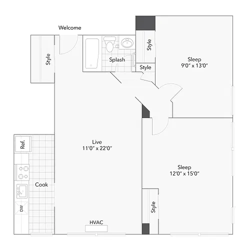 Floor plan 2 BR x 1 BA - A
