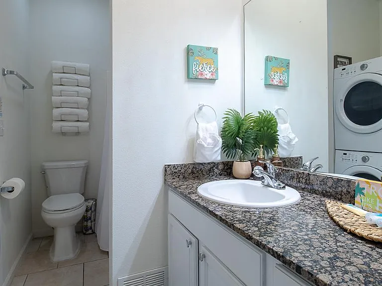 Wash your clothes or bath or shower in this serene and luxurious space designed to evoke a sense of relaxation and tranquility, reminiscent of a tropical beach getaway.