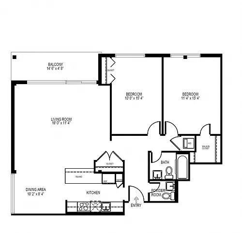 Floor plan 2 Bedroom, 1.5 Bathroom 1150 SF 21H