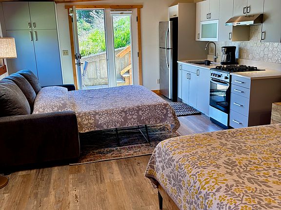 Layout of studio with bed and sofa sleeper.