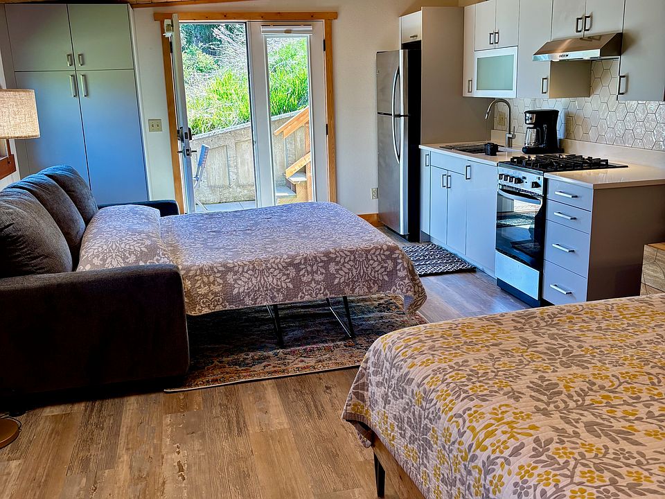 Layout of studio with bed and sofa sleeper.