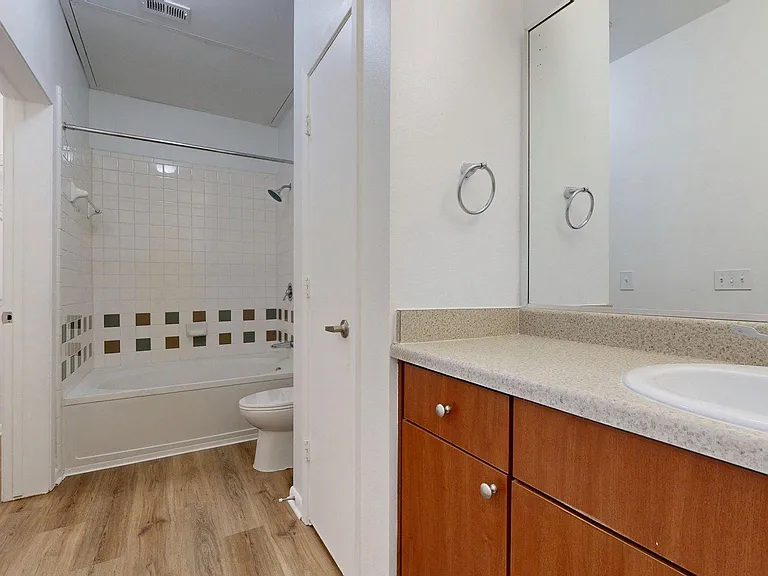 Apartment Bathroom with soaking tub, vanity mirror and wood-style floor.