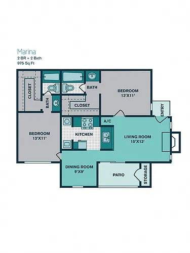 Floor plan 2 Bed 2 Bath B2 - 975sqft - MARINA