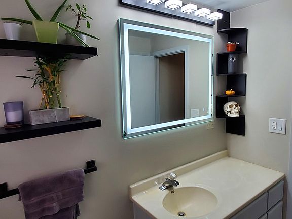 LED mirror, floating shelves